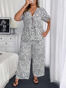 Franclia Plus Size Women Deep V-Neck Polka Dot Print Short Sleeve Blouse With Tie-Up And Loose Straight Pants