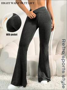 Easithlete Women High Waist Flared Jeans Style Yoga Pants, With Pockets For Workout Running Fitness Commute, Butt Lifting (Random Distressed Effect) - Black - View 2