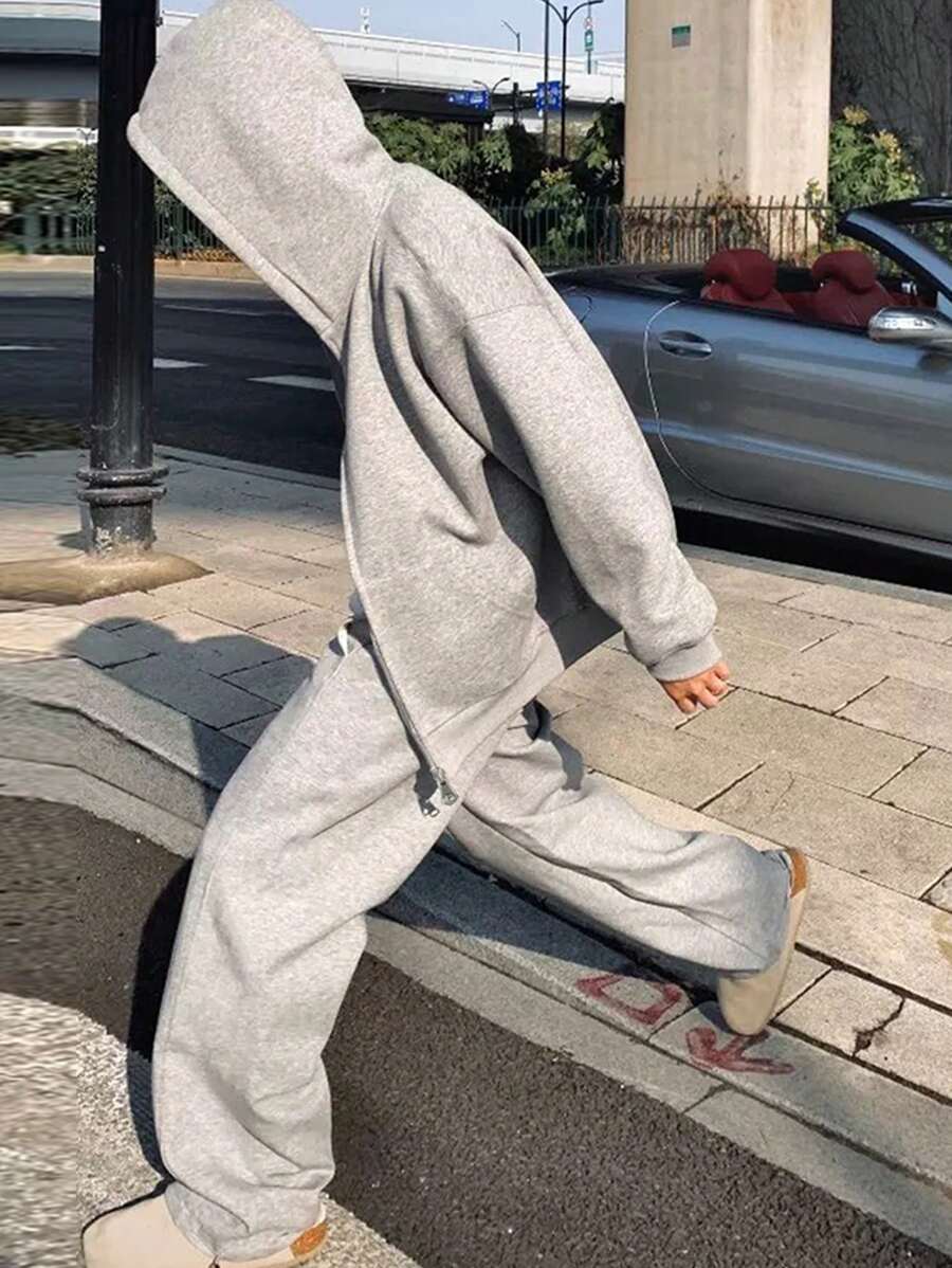 Manfinity Dauomo 2 件套男士休闲纯色连帽夹克和裤子套装 - 灰色 - 查看 1