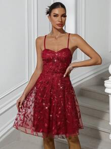 Allurite Women's Summer Floral Sequins Mesh Contrast Slip Dress - Burgundy - View 6