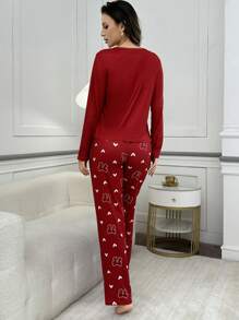蝴蝶结爱心图案印花圆领长袖上衣和裤子睡衣套装，秋冬舒适优雅细节 - 紅色 - 查看 2