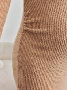 SHEIN Áo nỉ trùm đầu màu trơn cho bà bầu, tay dài có dây rút, váy thu/đông - Màu Khaki - Xem 6