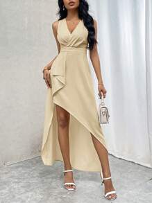 SHEIN Privé Women's Summer Casual Elegant Vacation Romantic Dating Wedding Cocktail Party V-Neck Ruffle Trim Asymmetrical Hem Waist Fit Midi Sleeveless Dress - Yellow - View 3