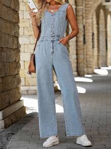 SHEIN LUNE 女式夏季前扣 V 领无袖休闲牛仔连体裤