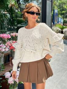 EURMUSE Women's Autumn/Winter Long Sleeve Ruffled Jacquard Knit Sweater - Beige - View 4