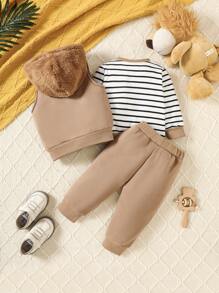 2 chiếc áo vest trùm đầu thêu hình động vật hoạt hình cho bé trai và áo nỉ sọc cùng quần dài trang phục thường ngày, mùa thu đông - Cà phê nâu - Xem 2