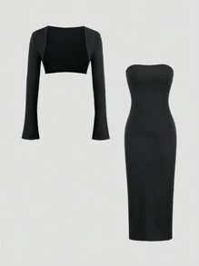 Sweetra 2 件套优雅复古小黑裙和高品质女士修身法式套装 - 黑色 - 查看 1