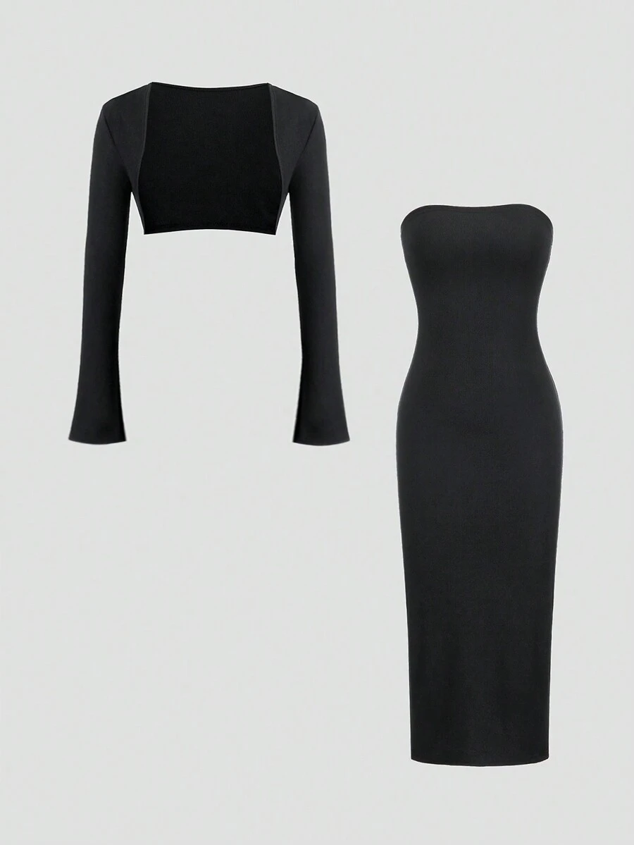 Sweetra 2 件套优雅复古小黑裙和高品质女士修身法式套装 - 黑色 - 查看 1