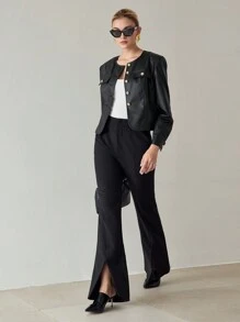 MOTF PREMIUM PU LEDEREN KLEP DETAIL ENKELE BREISTAS PLACKET JAS