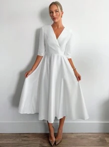 Firerie 女士优雅浪漫伴娘/婚礼/派对 V 领喇叭中袖 A 字中长连衣裙 - 白色 - 查看 5