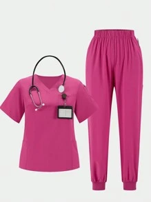 SHEIN TaskFit Bộ đồ đồng phục phẫu thuật quần áo đồng phục cổ chữ V màu trơn cỡ lớn cho nữ - Màu Hồng Tươi - Xem 1