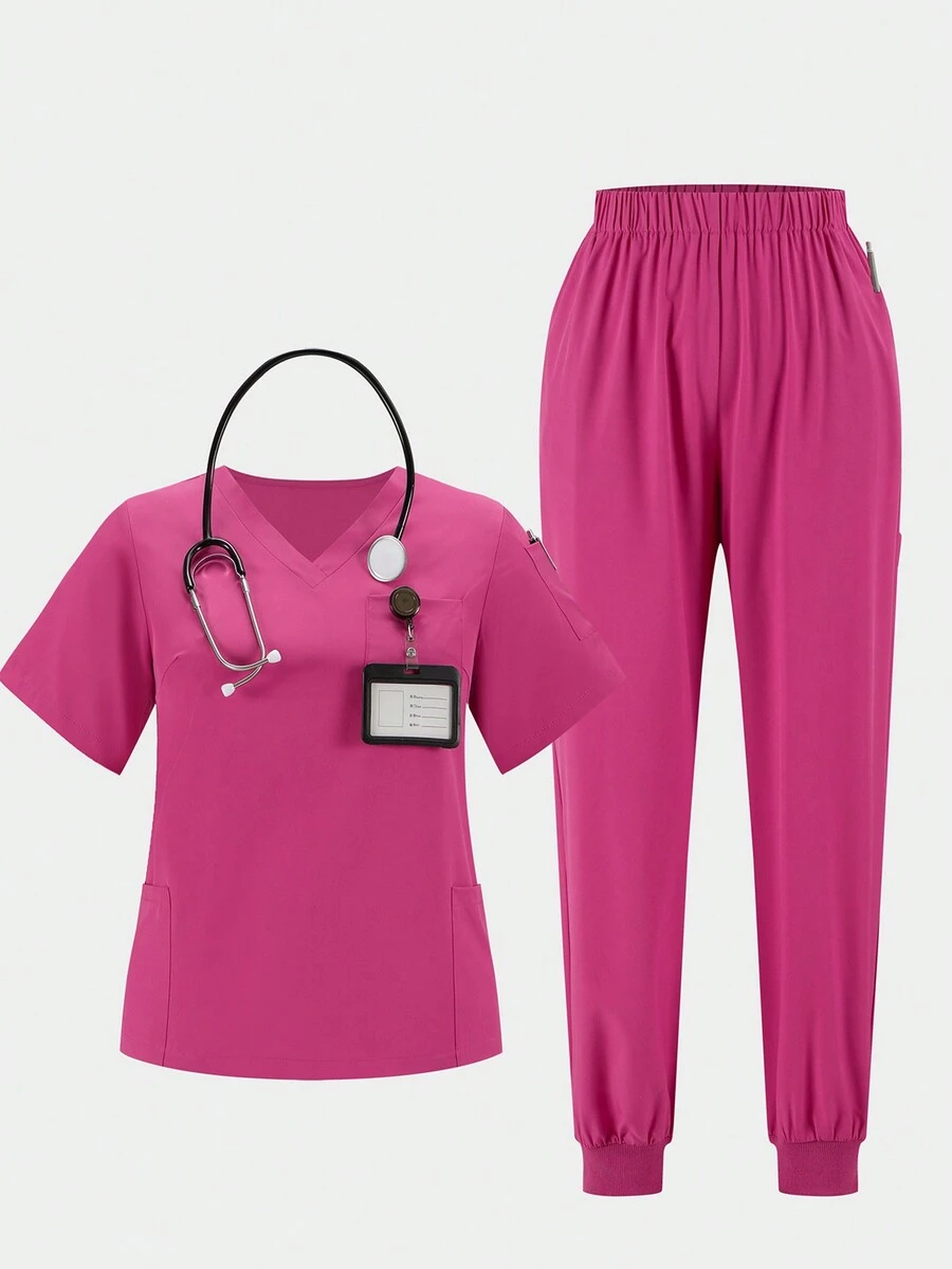 SHEIN TaskFit Bộ đồ đồng phục phẫu thuật quần áo đồng phục cổ chữ V màu trơn cỡ lớn cho nữ - Màu Hồng Tươi - Xem 1