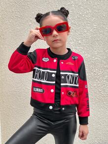 SHEIN Explorewe Chaqueta de béisbol de manga larga con cuello de canalé y estampado de letras elegante para niñas pequeñas - Rojo - Ver 4