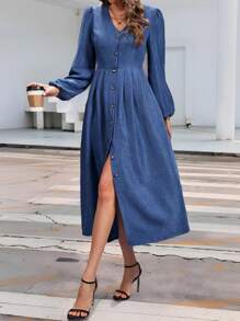 SHEIN Clasi 女式春夏休闲牛仔效果灯笼袖前纽扣连衣裙 - 藍色 - 查看 4