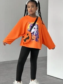 SHEIN 2 件 Tween Girl 2024 新款休闲万圣节南瓜印花蝙蝠袖运动衫和骑行裤套装南瓜斜挎包，适合万圣节派对 - 彩色 - 查看 1