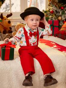 SHEIN 2 件套新生儿男童春秋时尚简约可爱派对绅士领结领衬衫印花围兜工作裤圣诞节节日服装套装 - 紅色 - 查看 3