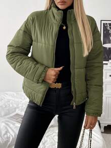 Chiquease 女士纯色简约休闲长袖加厚棉服外套冬季 - 綠色 - 查看 3