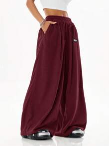 Coolane Women Loose Fit Casual Wide-Leg High Street Textured Baggy Straight Leg Pants - Burgundy - View 3