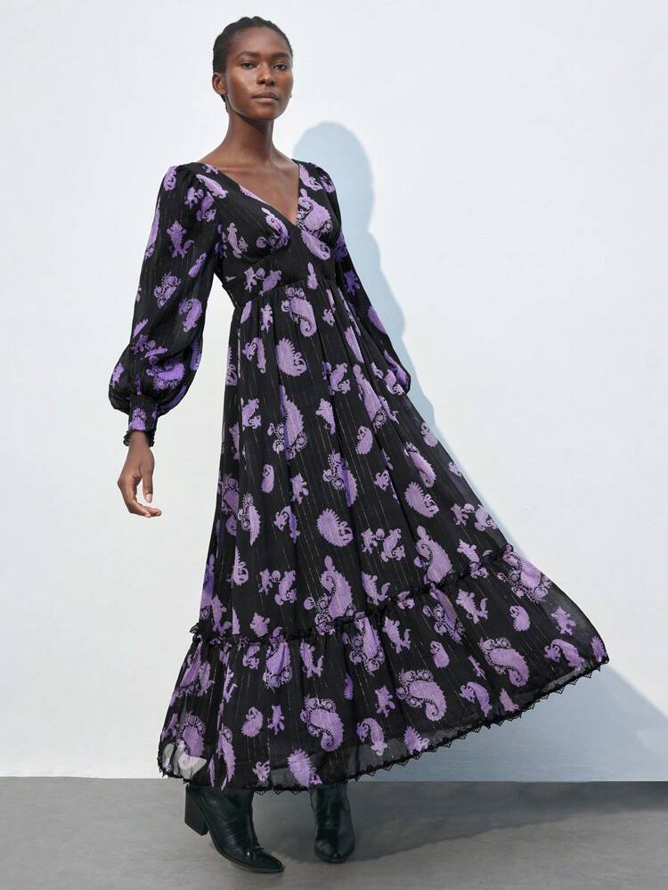 SHEIN Maija Women Casual V-Neck Lantern Sleeve Dress With Paisley Floral Print