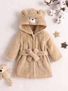 男婴可爱熊刺绣长袖连帽羊毛长袍，配有可拆卸腰带，秋冬泰迪熊衣服 - 卡其色 - 查看 7