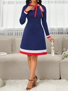 SHEIN Lady Vestidos de oficina de otoño e invierno, vestido azul marino de punto y rojo y blanco con cuello redondo, manga larga, línea A, vestidos para mujer con lazo en la parte delantera - Multicolor - Ver 1