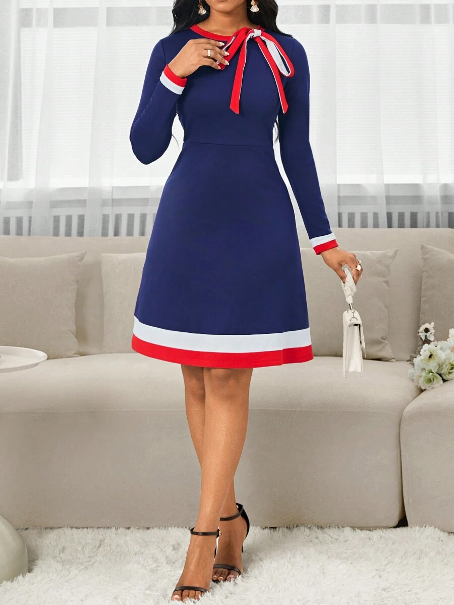 SHEIN Lady Vestidos de oficina de otoño e invierno, vestido azul marino de punto y rojo y blanco con cuello redondo, manga larga, línea A, vestidos para mujer con lazo en la parte delantera - Multicolor - Ver 1