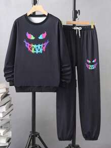 2 件套青少年男孩卡通印花宽松运动衫和运动裤休闲运动装，春秋季 - 黑色 - 查看 1
