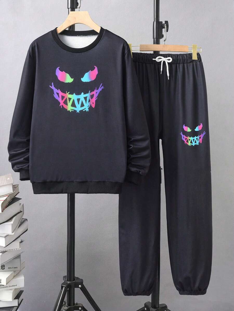 2 件套青少年男孩卡通印花宽松运动衫和运动裤休闲运动装，春秋季 - 黑色 - 查看 1