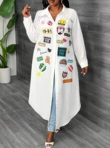 Slaydiva Plus Size Women Casual Printed Long Sleeve Shirt Dress - White - View 5