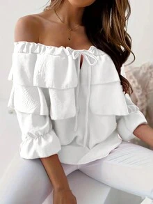Blusa con hombros descubiertos y volantes, estilo hawaiano bohemio para vacaciones en la playa, unicolor para conciertos en el campo - Blanco - Ver 6