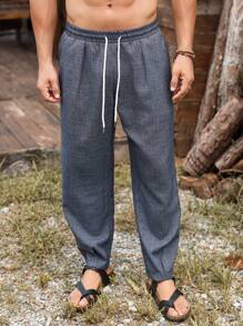 Manfinity Homme Quần dài thường ngày có túi rút dây màu trơn cho nam - Màu xanh bụi bặm - Xem 6