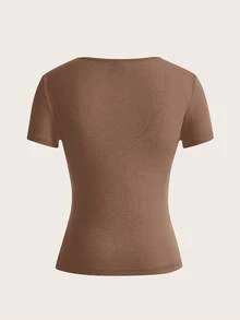 SHEIN Frenchy Solid Color V-Neck T-Shirt Summer Tops Vacation Clothes - Brown - View 8