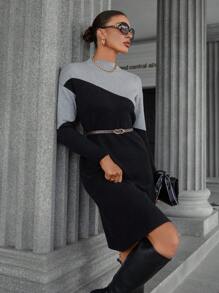 GENKIRA Elegant Commuter Elegant Color Block Half-High Collar Metal Buckle Belt Long Sleeve Midi Sweater Dress - Multicolor - View 1