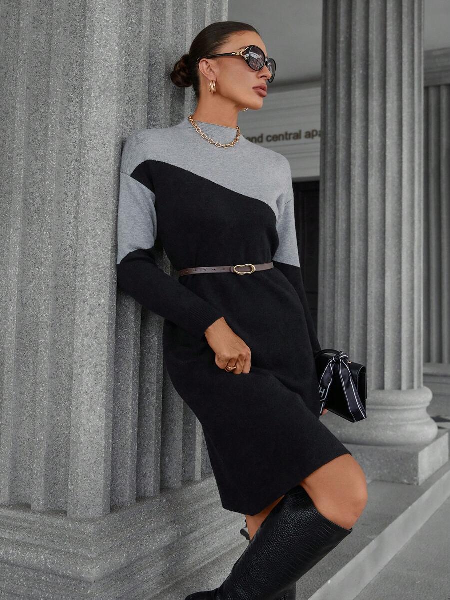 GENKIRA Elegant Commuter Elegant Color Block Half-High Collar Metal Buckle Belt Long Sleeve Midi Sweater Dress - Multicolor - View 1