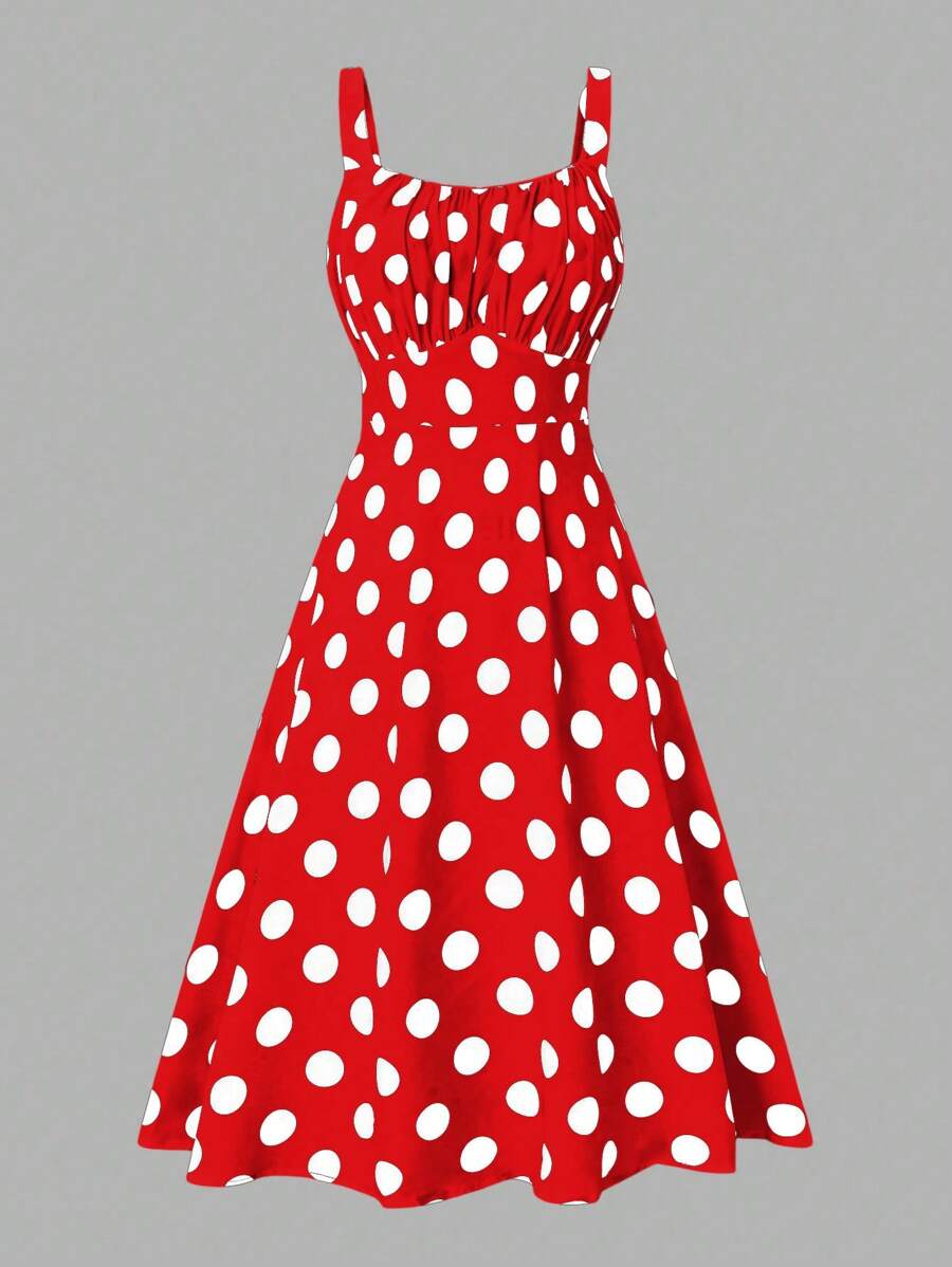 SHEIN Clasi 大码女式夏季波尔卡圆点印花褶皱优雅细肩带连衣裙，适合新年服装 - 紅色 - 查看 1