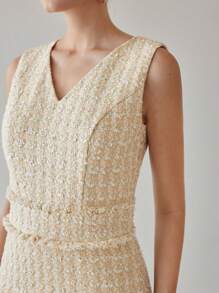 MOTF PREMIUM TWEED PLAID PATTERN V-NECK RAW TRIM DRESS - Khaki - View 3