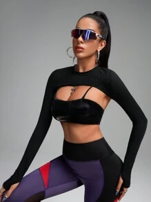 Innovista 性感3D紋理高彈性彈力網格女運動衫，黑色長袖T恤，運動短上衣，健身服裝，網球女裝，球衣，外出上衣 - 黑色 - 查看 1