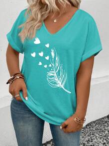 EMERY ROSE Women Plus Size V-Neck Ruffle Feather Heart Print Casual T-Shirt Graphic Tees Women Tops - Blue - View 4