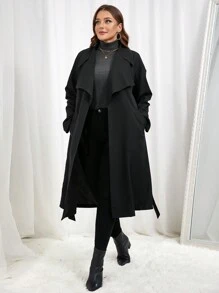 SHEIN Essnce Áo khoác trench coat hở trước cổ đen cỡ lớn cho nữ - màu đen - Xem 1