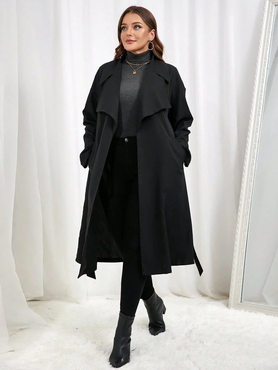 SHEIN Essnce Áo khoác trench coat hở trước cổ đen cỡ lớn cho nữ - màu đen - Xem 1