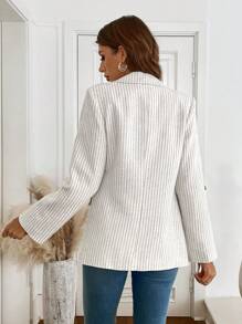 SHEIN LUNE 女士休闲条纹卷袖西装外套，秋冬 - 杏色 - 查看 2