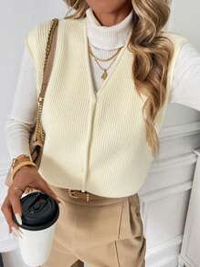 SHEIN LUNE Women's Solid Color V-Neck Casual Versatile Sweater Vest, Fall/Winter - Apricot - View 6