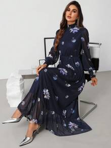 SHEIN Clasi Váy chiffon họa tiết hoa dành cho nữ có cổ và bo gấu, phong cách thanh lịch, nhẹ nhàng phù hợp cho kỳ nghỉ xuân, hè, thu, đông, bãi biển, thời trang dạo phố - Màu xanh hải quân - Xem 5