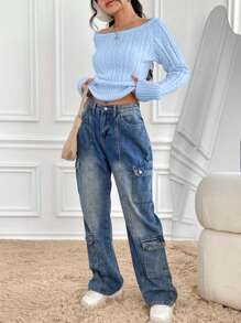 Flirla Women's Solid Long Sleeve Casual Sweater, Fall & Winter,Long Sleeve Tops Knit Pullover