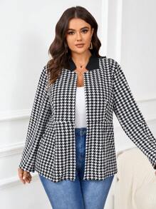 SHEIN Frenchy Plus Size Houndstooth Print Gathered Waist Jacket, Fall/Winter
