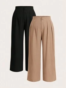 Elaquor Calças Casuais de Perna Larga Plissada de Cor Sólida para Mulheres Plus Size, Calças de Outono para Mulheres, Calças com Botão, Zíper e Cintura Elástica Traseira, Calças de Escritório para Mulheres