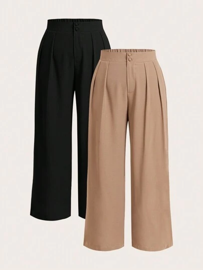 Elaquor 大码女式纯色褶皱阔腿休闲裤秋季女裤纽扣拉链裤松紧后腰裤女士办公室裤