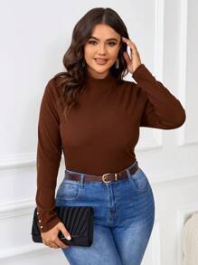 SHEIN Frenchy 大码纯色高领休闲长袖 T 恤 - 咖啡棕 - 查看 6