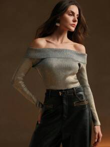 Anewsta Suéter elegante y sexy de mujer con hombros descubiertos y lámina metálica dorada, jersey de punto para otoño e invierno - Amarillo - Ver 1