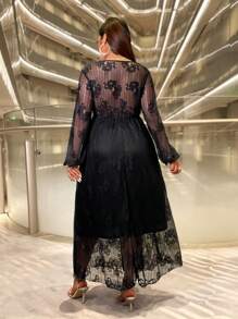 Celure Plus Size Women's Solid Color Lace Patchwork Long Sleeve Dress